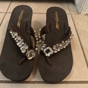 Brown Wedge Sandals with Rhinestone Accents